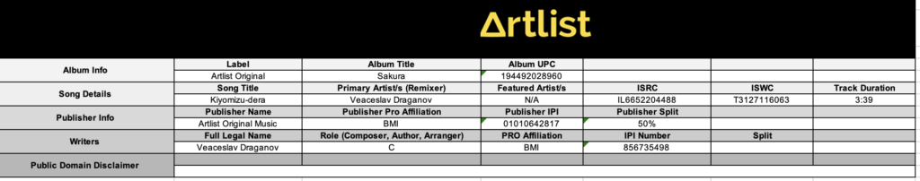 Artlist ライセンス証明書